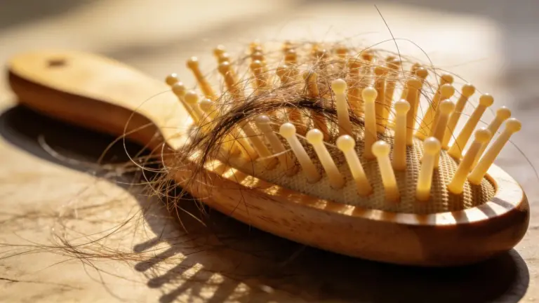 Wooden hairbrush with a clump of shed brown hair tangled in its bristles, a sign of protein deficiency