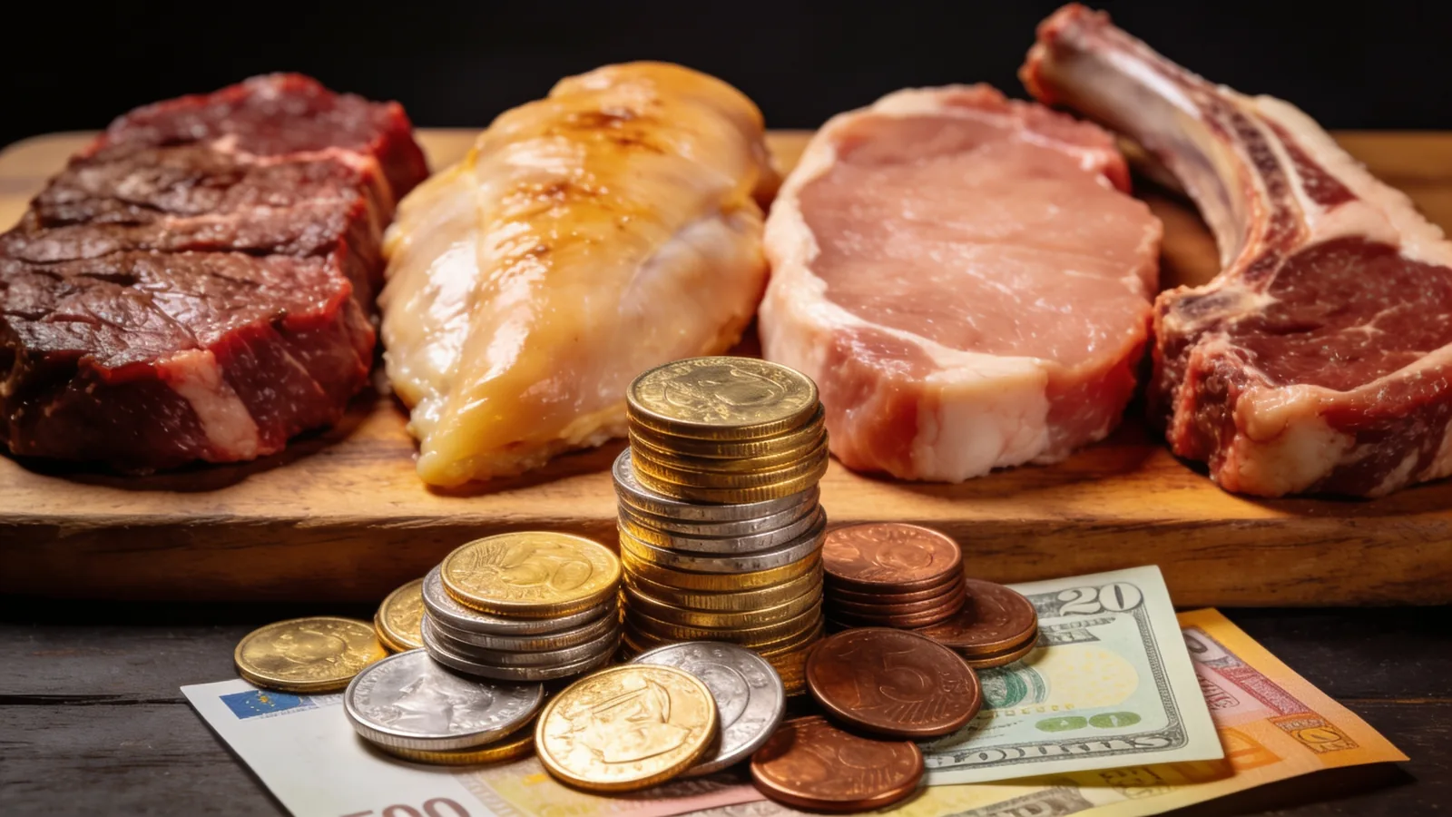 Raw beef, chicken breast, and pork chops on a wood board beside stacked coins and banknotes