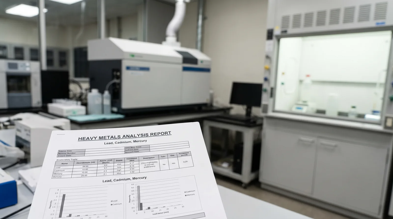 Heavy-metals analysis report for lead, cadmium and mercury held in a lab with testing instruments and fume hood