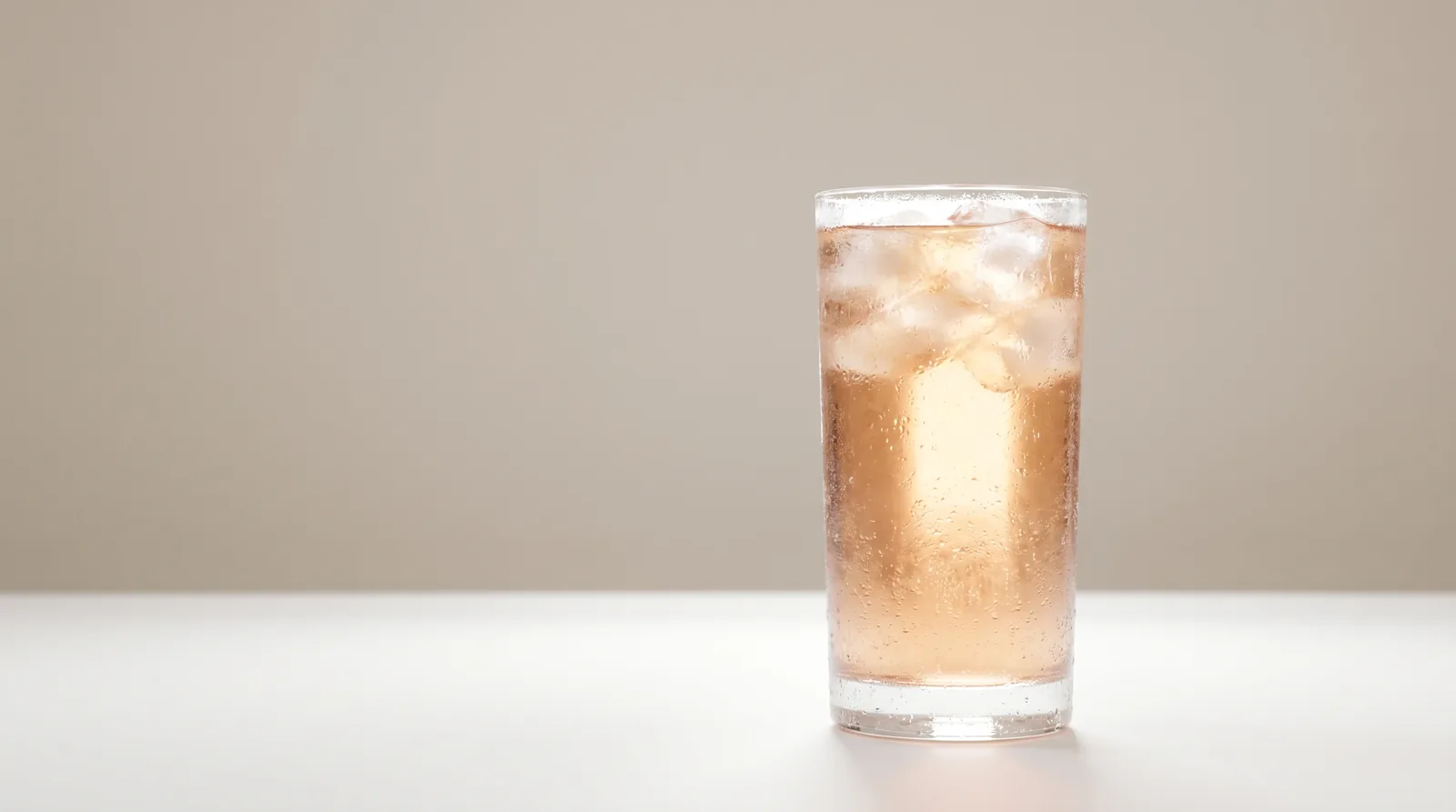 Tall glass of clear, translucent amber water-based protein drink with ice cubes on a white surface
