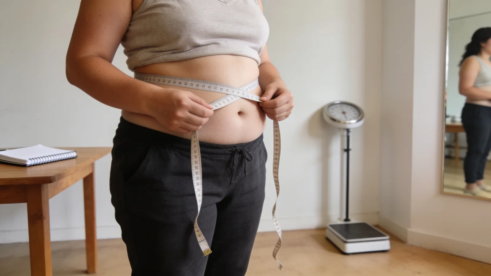 Person measuring their waist with a tape measure beside a floor scale, tracking weight loss progress