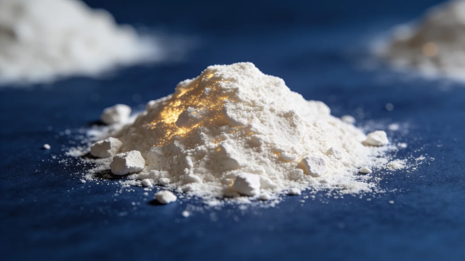 Mound of fine white protein powder with small clumps on a dark blue surface, lit by warm light