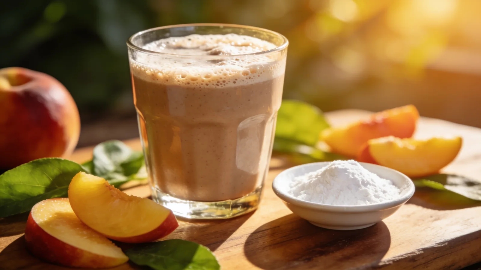 Blended meal-replacement protein shake in a glass beside protein powder, peach slices, and green leaves