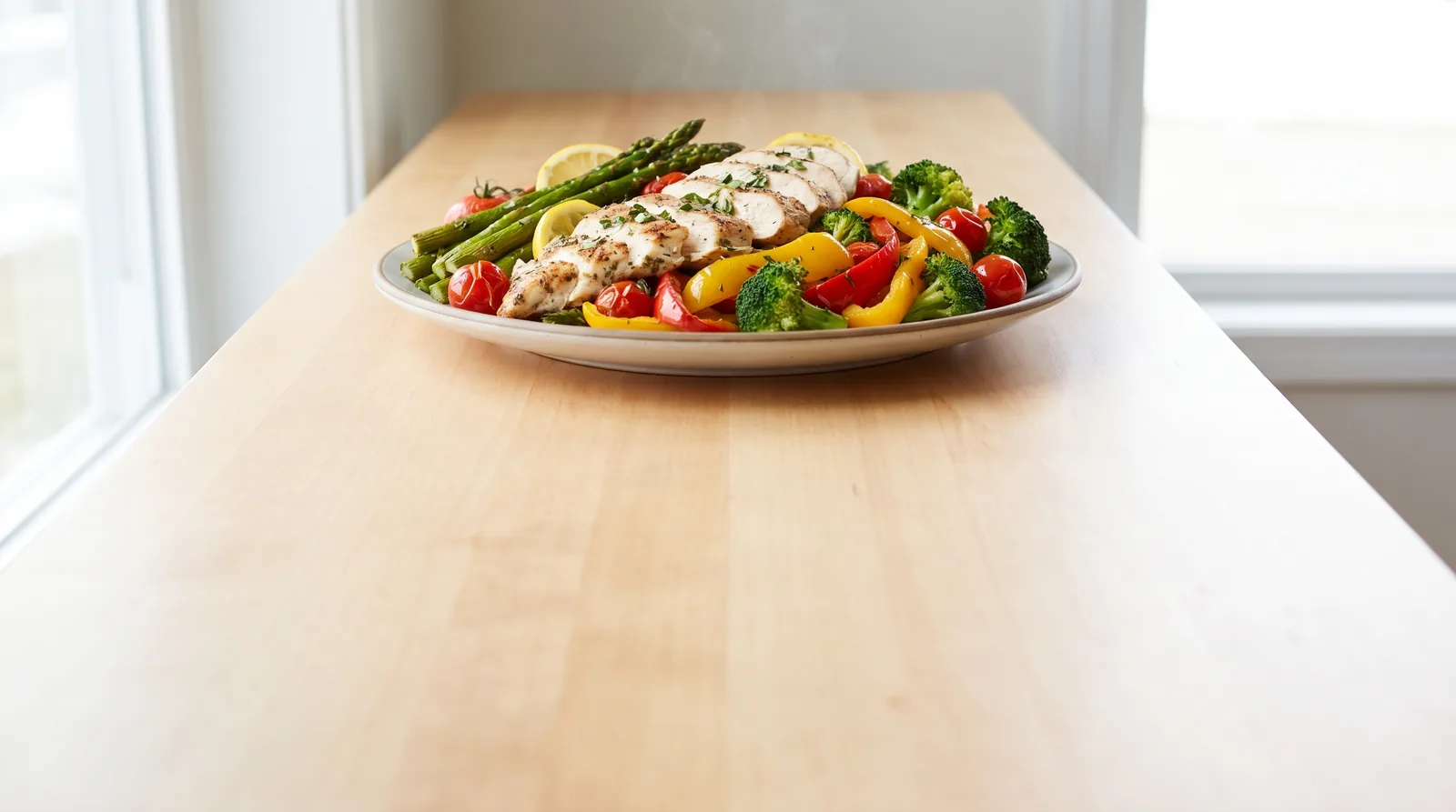 Sliced grilled chicken breast on a plate piled with high-volume, low-calorie vegetables on a wood counter
