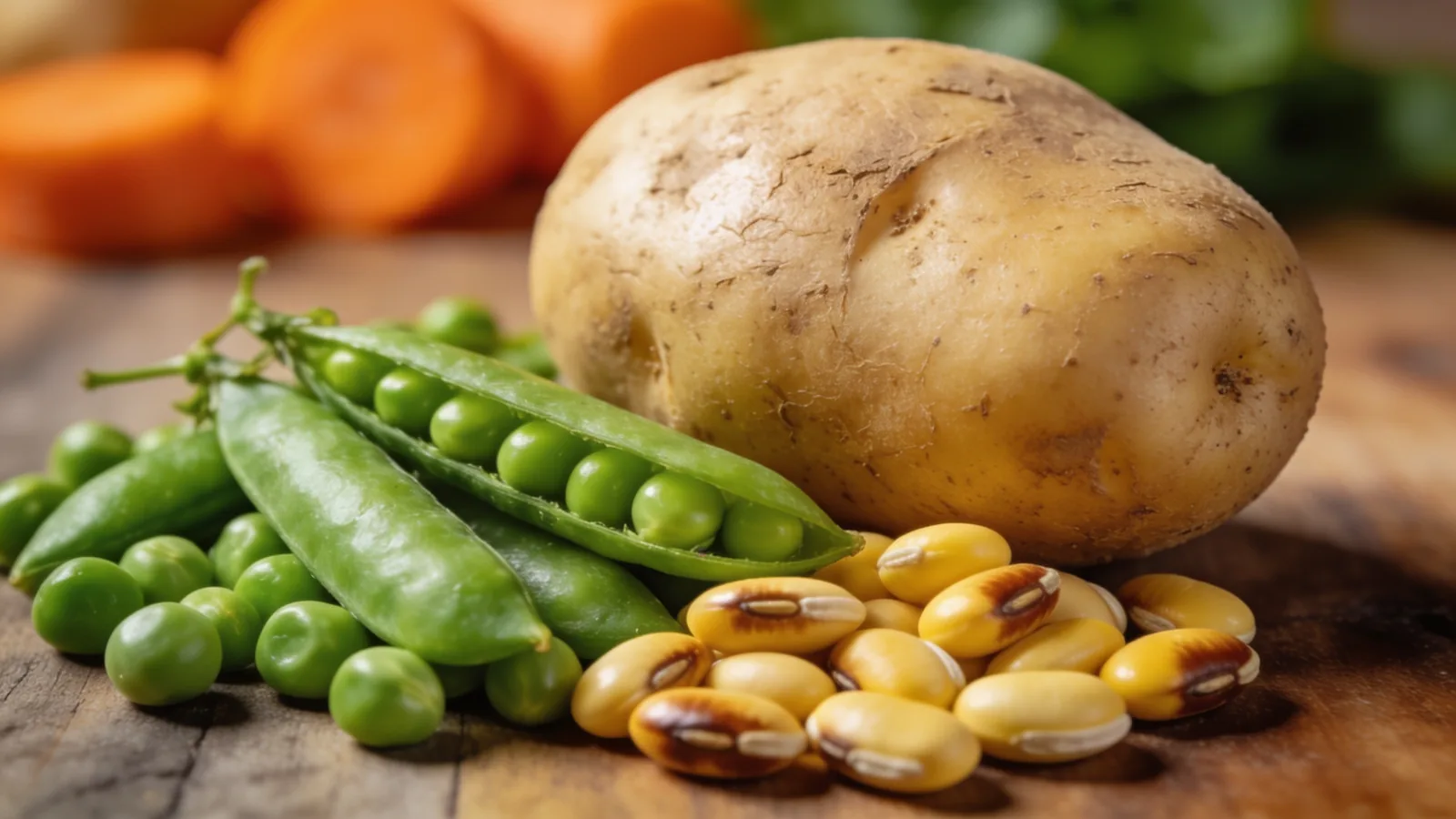 Raw potato, fresh green peas in pods, and dried yellow legumes on wood, plant protein sources for muscle