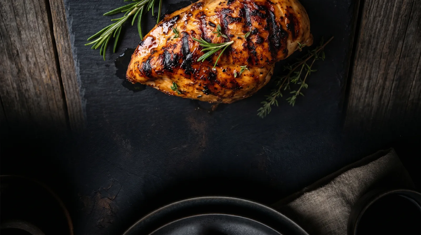Grilled chicken breast with herbs on dark wood, a leucine-rich high-protein food