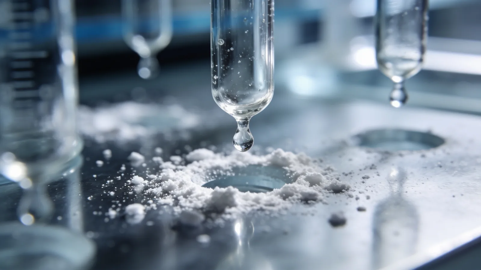Lab test tubes dripping liquid onto white protein powder on a steel tray, simulating amino acid digestibility testing