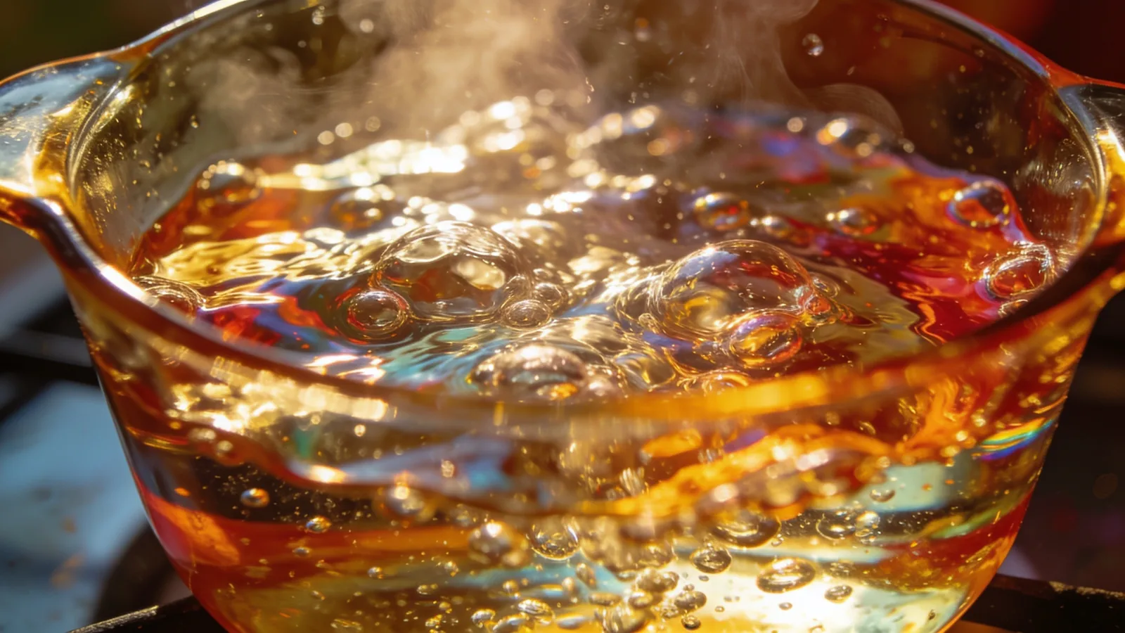 Close-up of boiling, steaming liquid bubbling in a glass measuring cup — the kind of hot liquid to never mix with protein pow