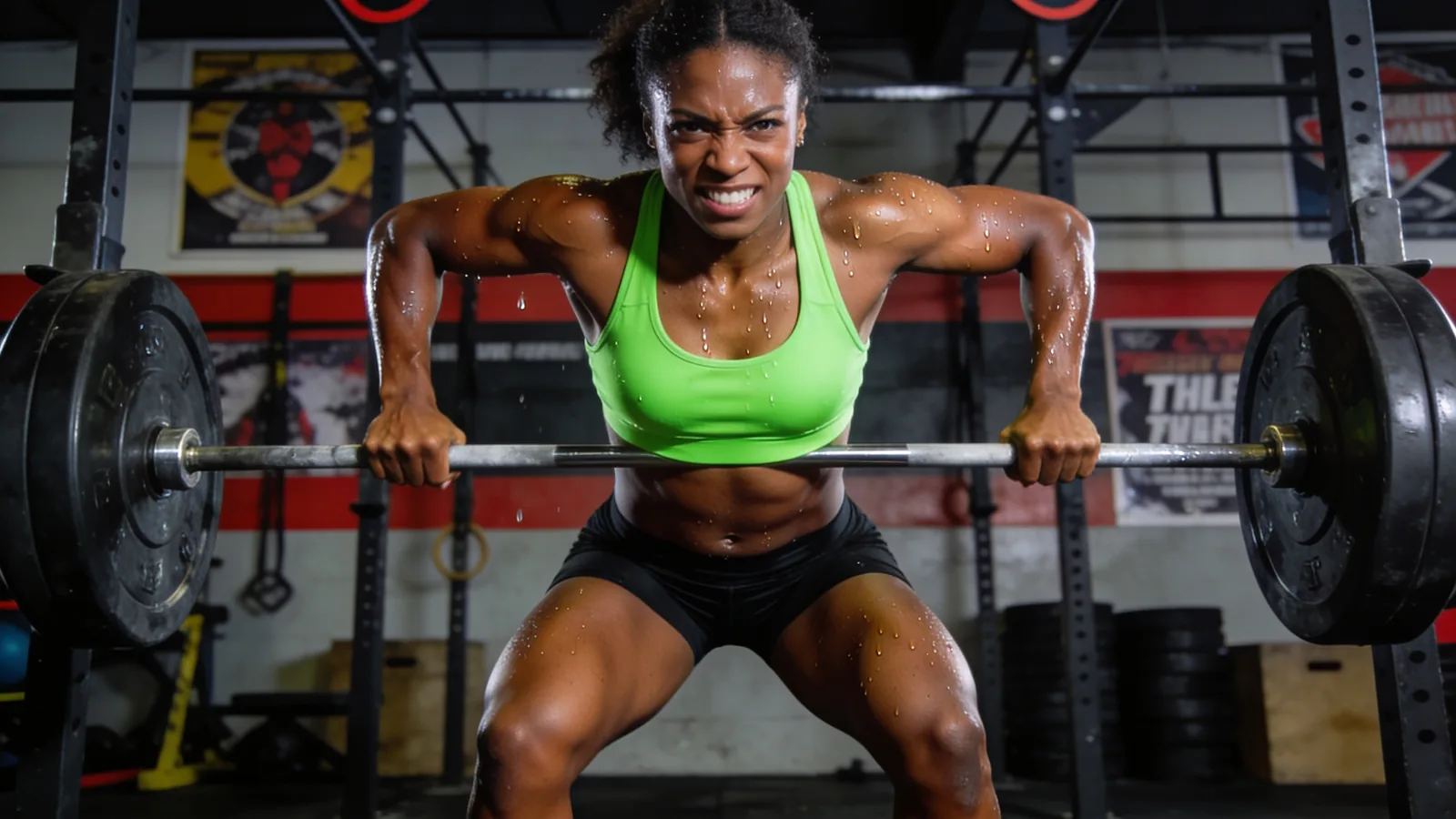 Sweating CrossFit athlete in green top straining to lift a loaded barbell during an intense gym workout