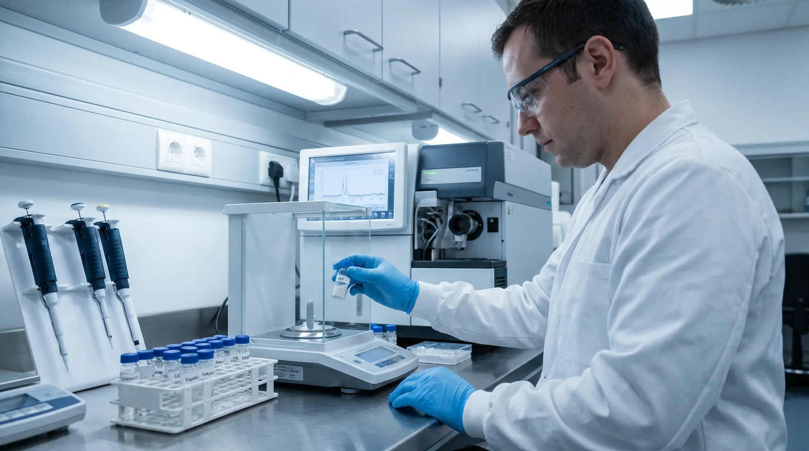 Lab technician in lab coat and gloves testing a powder sample vial on an analytical balance beside lab instruments