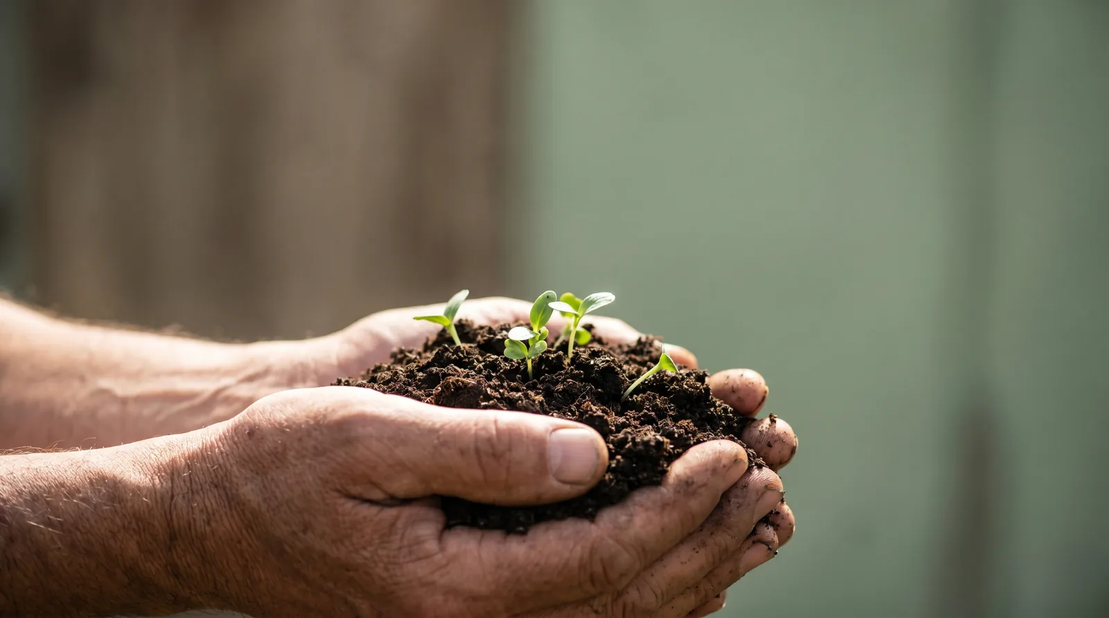 Cupped hands holding dark soil with green seedlings, the soil source of heavy metals in protein powders