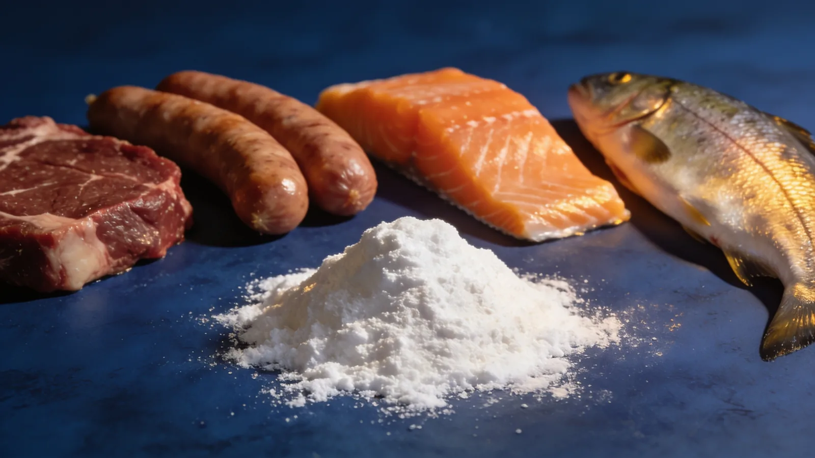Mound of white protein powder beside whole-food protein: raw steak, sausages, salmon fillet and a whole fish