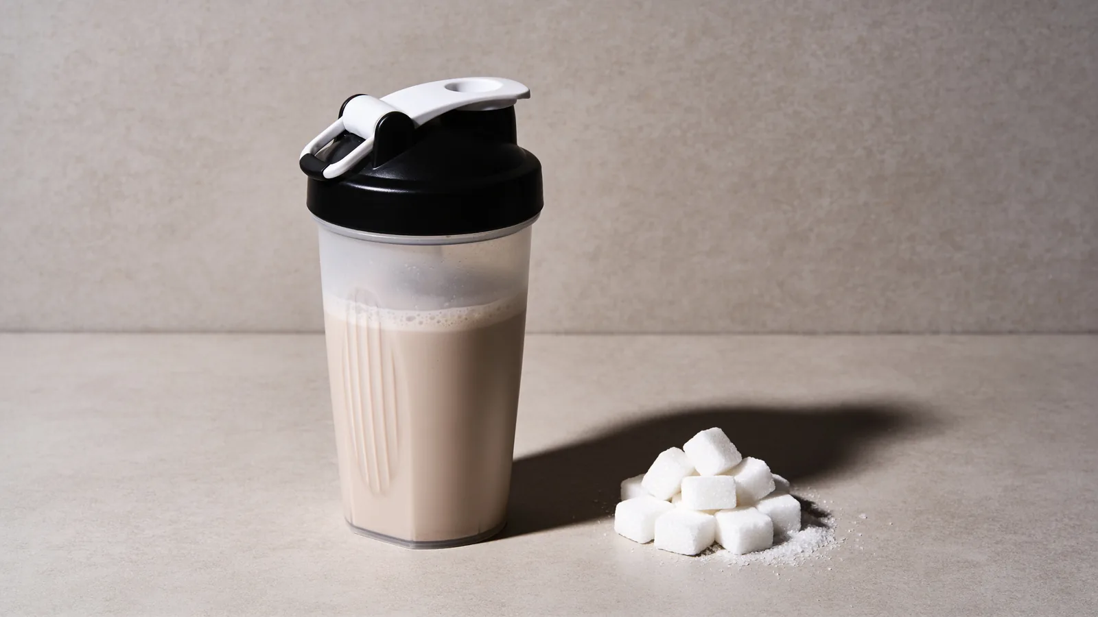 Protein shake in a shaker bottle beside a pile of sugar cubes, illustrating added sugar in protein powders