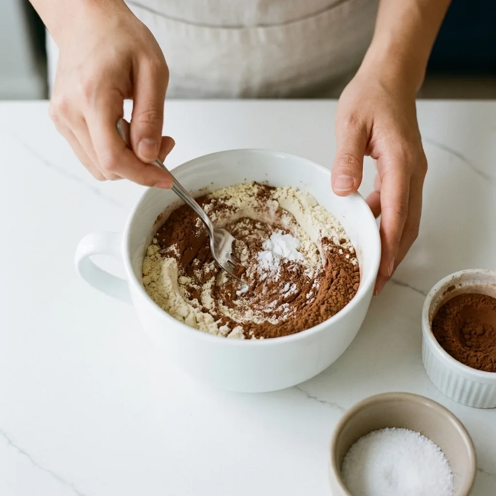 Hands whisking potato protein isolate, cocoa powder, baking powder and salt with a fork in a wide white mug